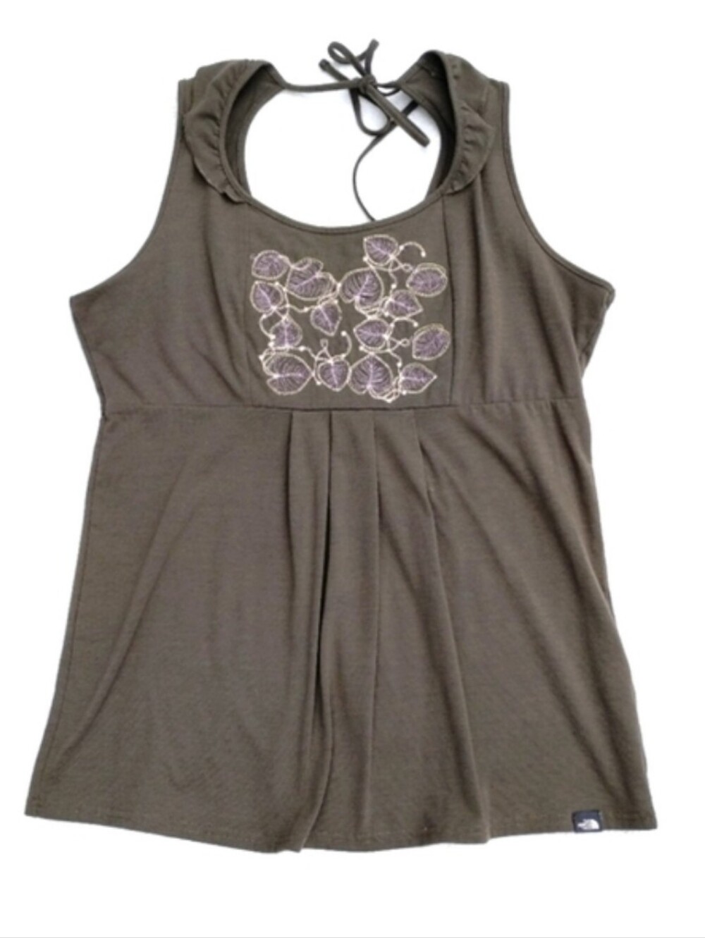 The North Face Olive Green Ruffle Tank Embroidered Size Large Organic Cotton